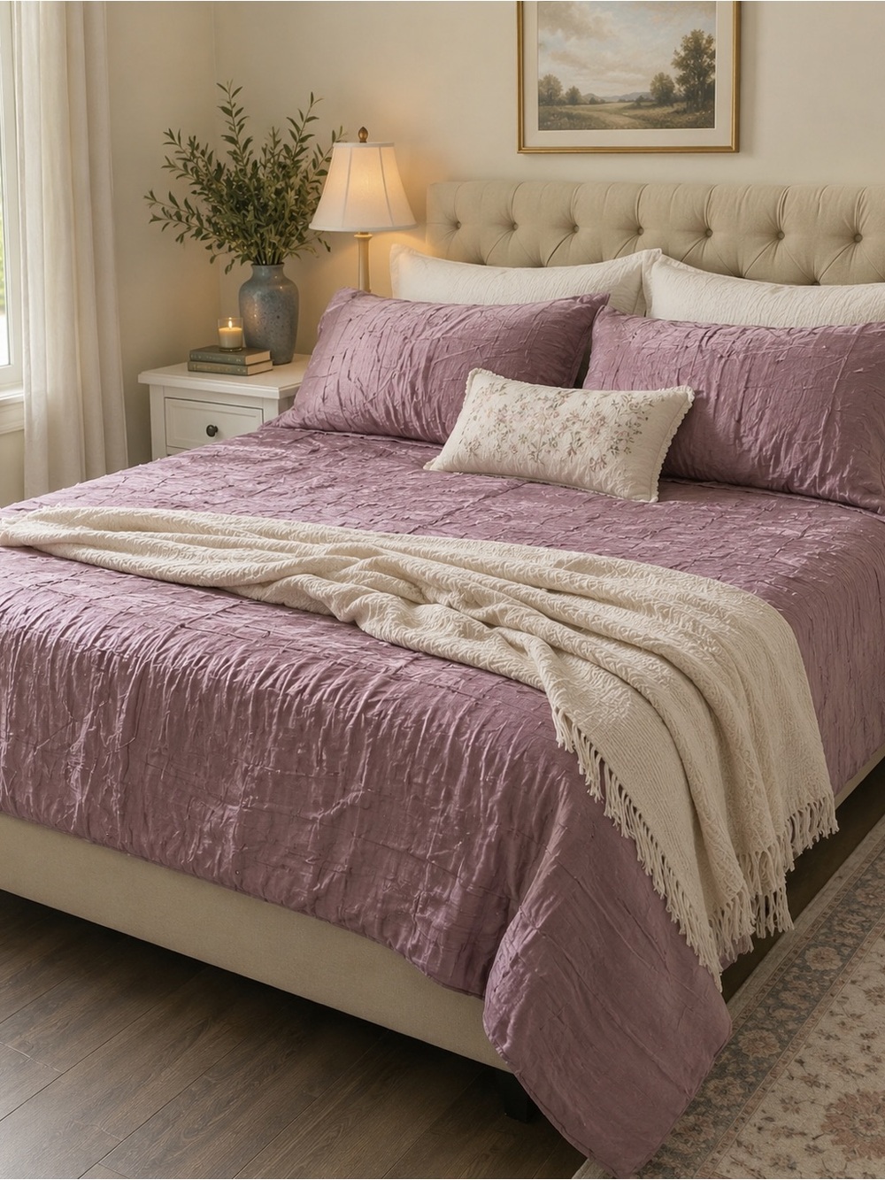 Pottery Barn King Quilt & 2 Shams Dusty Mauve Cotton Textured Bedding Set